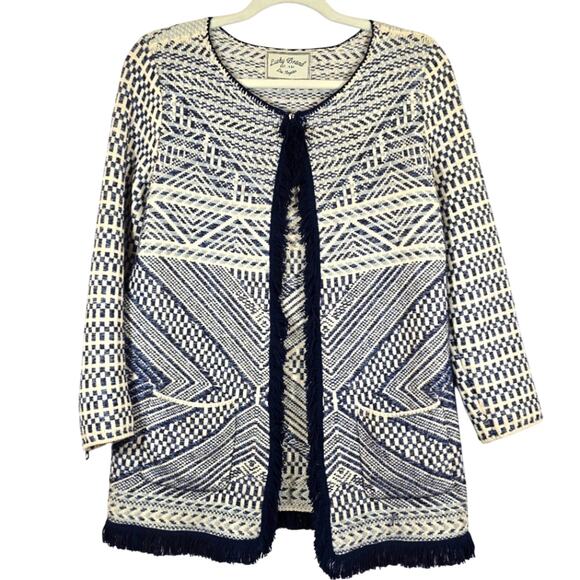 E Lucky Brand Navy Cream Geo Knit Cardigan Sweater Size M Boho Southwestern Cute - Picture 1 of 12